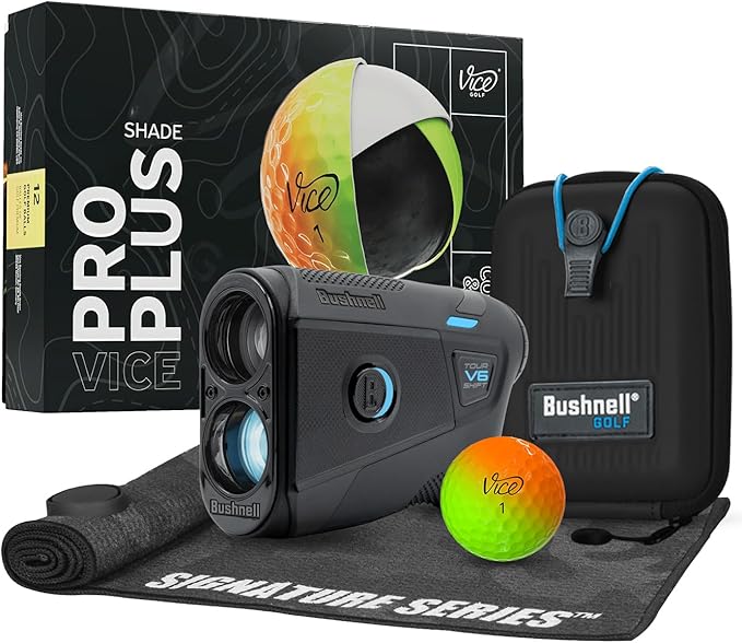 Bushnell Golf Tour V6 Shift Laser Rangefinder with Vice Balls | Slope Compensation, PinSeeker, Magnetic Mount, 1300 YD Range, 6X Magnification | Signature Series Golf Towel