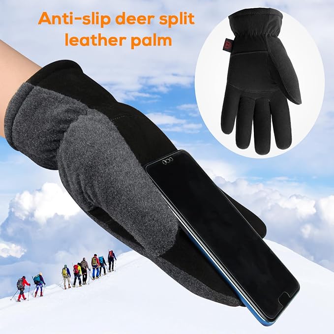 OZERO Winter Gloves for Men & Women: -30℉ Warm Thermal Running Cycling and Work Gloves for Men Cold Weather | Deerskin and Polar Fleece Insulated Winter Gloves Men