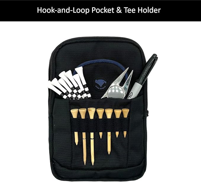 Golf Bag Pouch for Balls and Accessories | 3 Zipper Pockets | Detachable Clip | Store Up to 15 Balls | Front Tee Holder and 10 Bamboo Tees 3 1/4 in