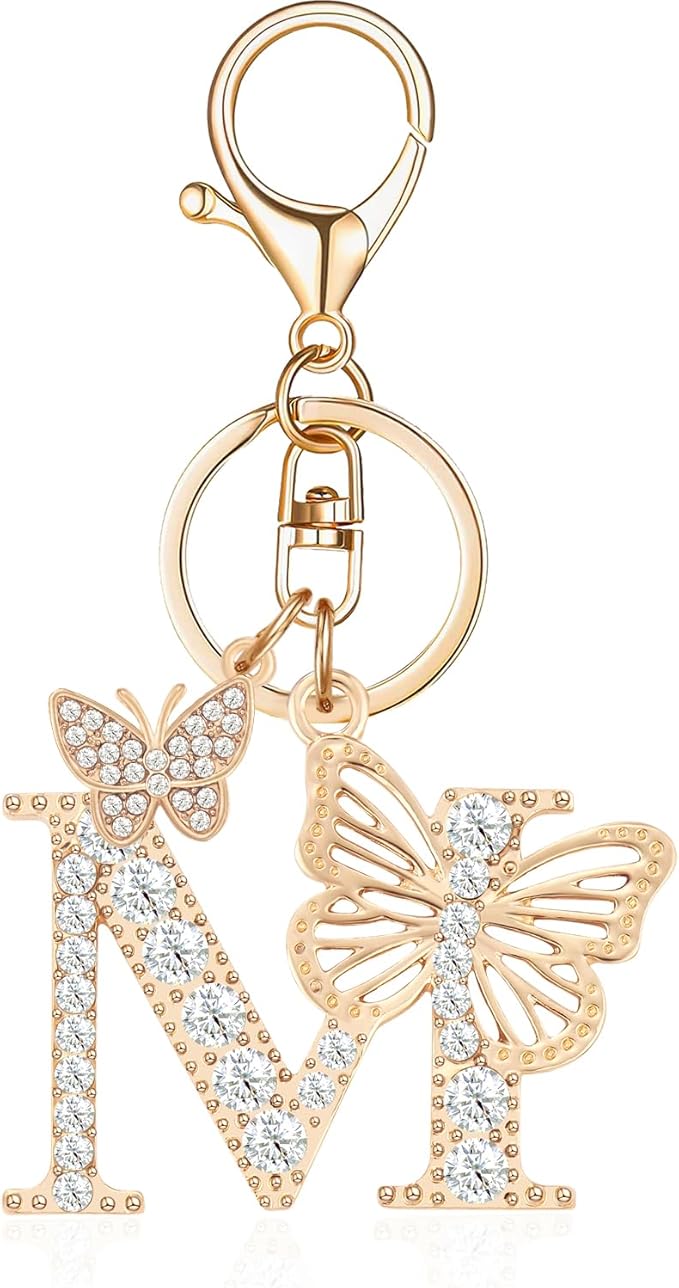 Gold Plated Alphabet Initial Letter Keyring Keychain for Women Girls Crystal Key Chains for Wallet Backpack Bag Charm