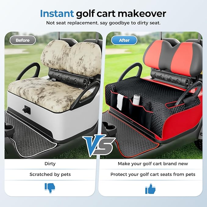 Tecoom Golf Cart Seat Covers, Universal Golf Cart Seat Towel Blanket with Armrest Strap 4 Pockets Non-Slip Bottom, Fits Club Car, EZGO, Yamaha, and More Front Seats, Protect Seats from Pet-Scratch Sun