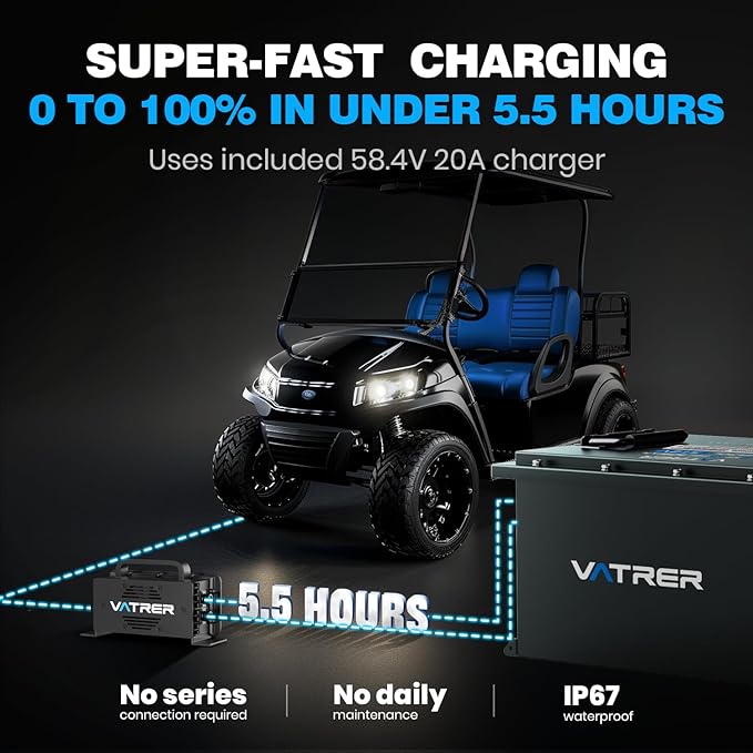 48V 105Ah Lithium Golf Cart Battery, Built-in Smart 200A BMS, with Touch Monitor & Mobile APP, 4000+ Cycles Rechargeable LiFePO4 Battery, Max 10.24kW Power Output, Perfect for Golf Carts
