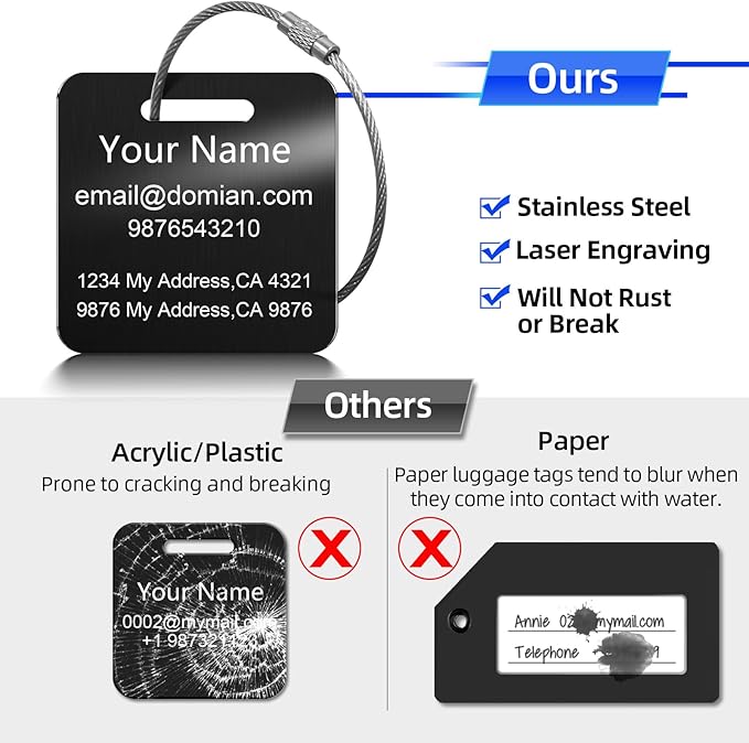 Stainless Steel Personalized Luggage Tags for Suitcases - Custom Name ID Travel Tags for Luggage, Backpacks and Bags - Metal Travel Essentials Accessories for Kids, Women and Men - Bulk Set (3 Pack)
