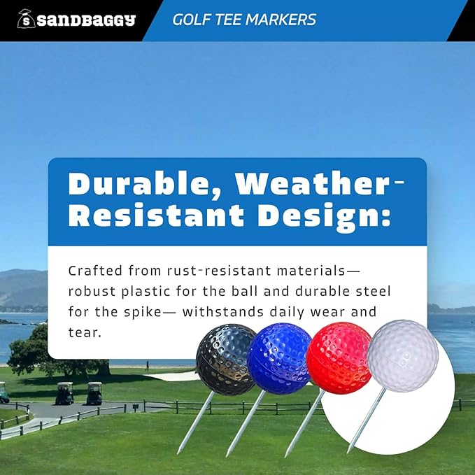 Sandbaggy Plastic Tee Markers for Golf Course (UV Resistant) - Steel Spike - Safety Caps Included