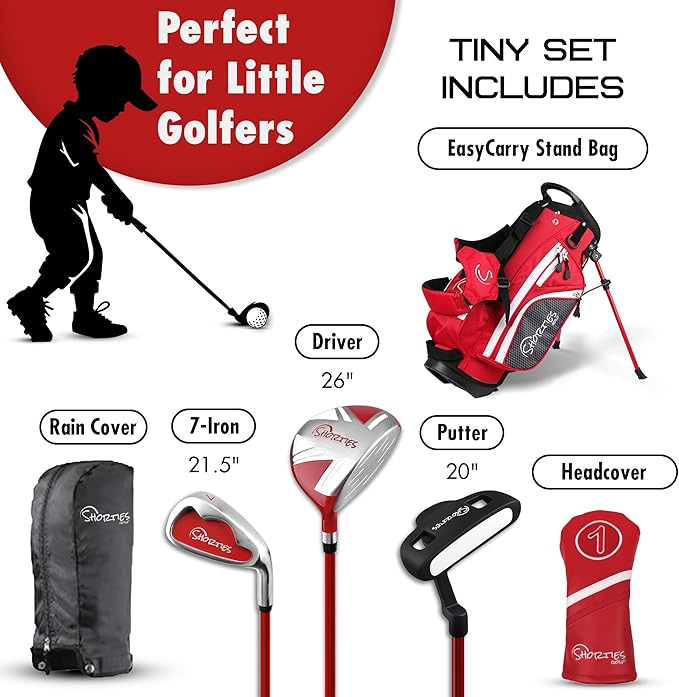 Shorties Golf - Kids Golf Club Set | Perfect for Toddler Golfers and Kids 34"-38" Tall | EasyCarry Stand Bag | Driver, 7-Iron, Putter, Headcover, and Rain Cover