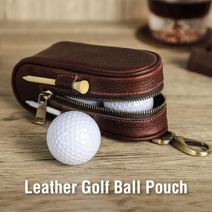 Top Grain Genuine Leather Golf Ball Pouch Holder, Vintage Design, Handmade No Logo, Portable and Holds Up to 3 Balls & 4 Tees, Golf Accessory Gift for Man & Woman