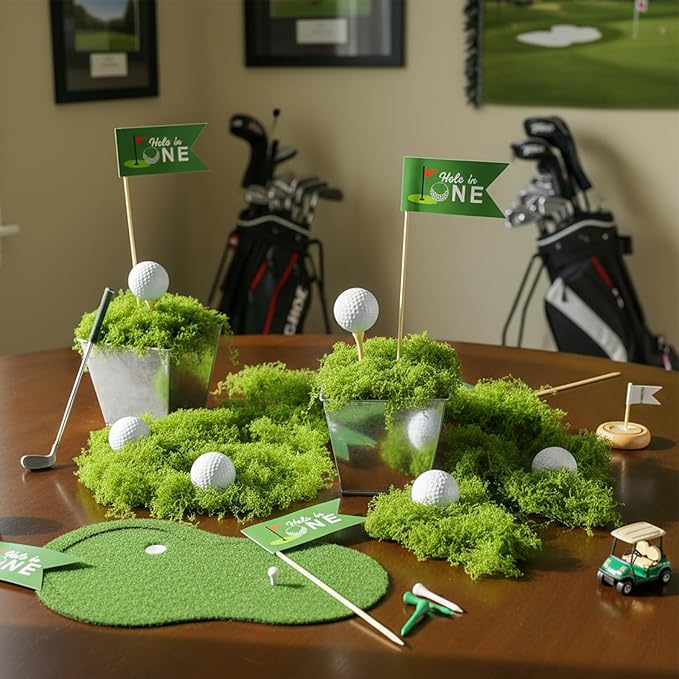 6 Set Golf Party Table Decorations Kit Party Supplies Includes Mini Golf Iron Bucket White Artificial Moss Lawn Flag Centerpiece Wooden Peg for Birthday Sport Themed Desk Rugby Favor (Square)