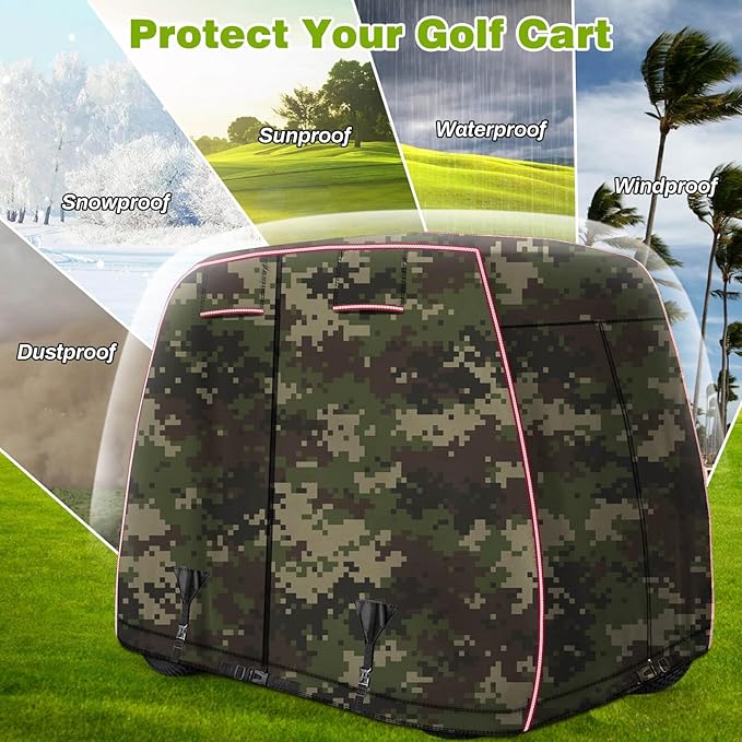 2/4 Passenger Golf Cart Cover Fits EZGO, Club Car, Yamaha Golf Carts with Reflective Strips, All Weather Protection/Waterproof/Snowproof/Windproof/Sunproof/Full Gold Cart Covers