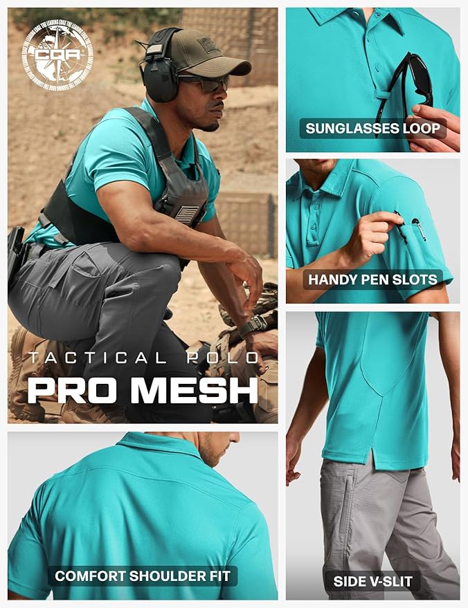 CQR Men's Polo Shirts, Tactical Short Sleeve Golf Performance Shirts, Lightweight Dry Fit UPF 50+ Pique