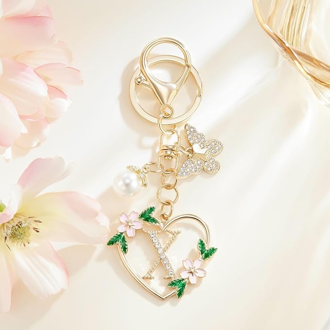 Gold Heart Initial Letter Keychain for Women Key chain Keyring for Purse Handbags Backpack Charm