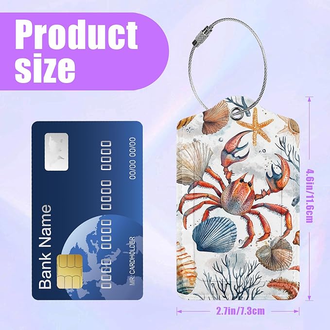 3 Pack Beach Coral Seashells Luggage Tags for Suitcase Crab Turtle PU Leather Travel Luggage Tag Privacy Cover ID Label for Women Men Baggage Backpack Handbag School Bag