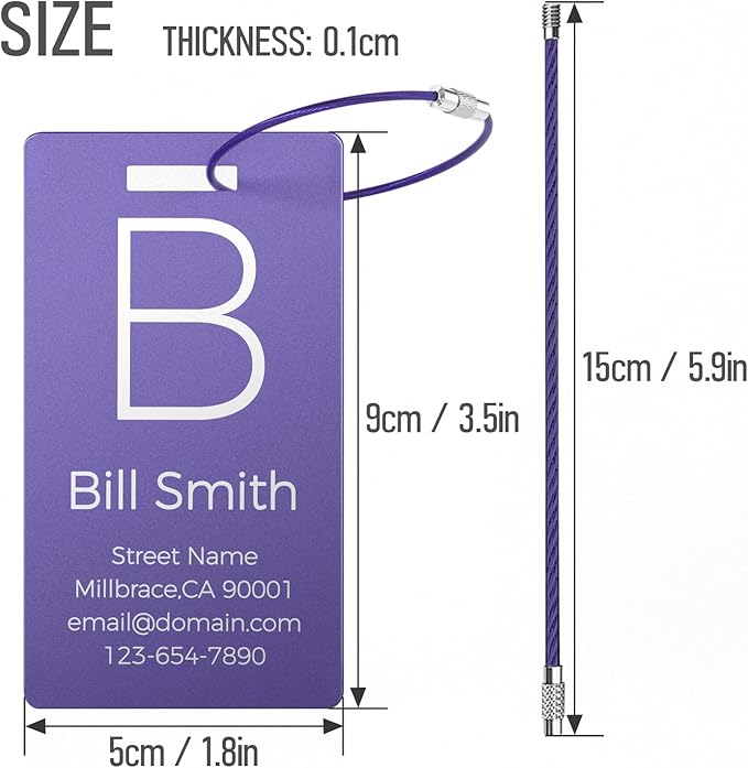 4 Personalized Metal Luggage Tags for Suitcase, Laser Engraved with Text and Logo, Custom Aluminum Name Tags with Stainless Steel Ring, for Travel, Golf Bag, and Baggage (Purple)