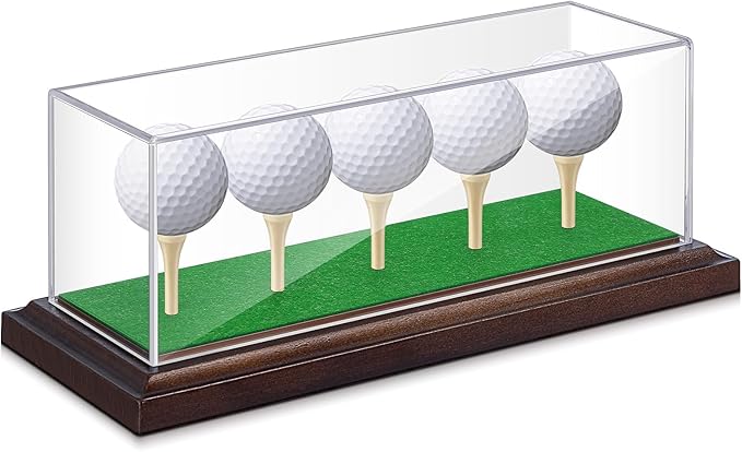 Golf Ball Display Case for 5 Balls Clear Acrylic Lid with Wooden Base and Tees, Memorabilia Stand Holder, Dustproof Transparent Storage Box for Golf Ball Collections Gifts Decor