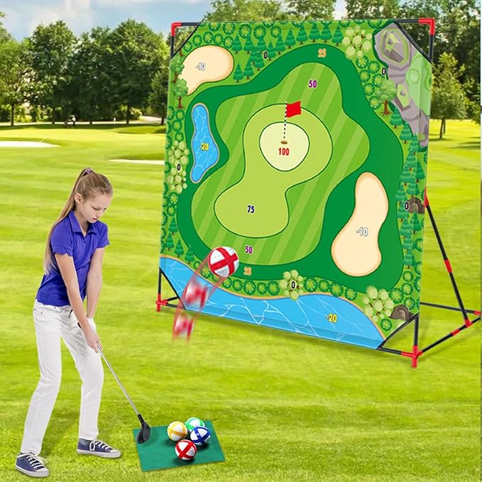 Golf Chipping Game with Stand, 54"x 54" Golf Battle Game Hitting Target Mat with 24 Balls, Perfect for Backyard Indoor Outdoor Family Games for Kids & Adults
