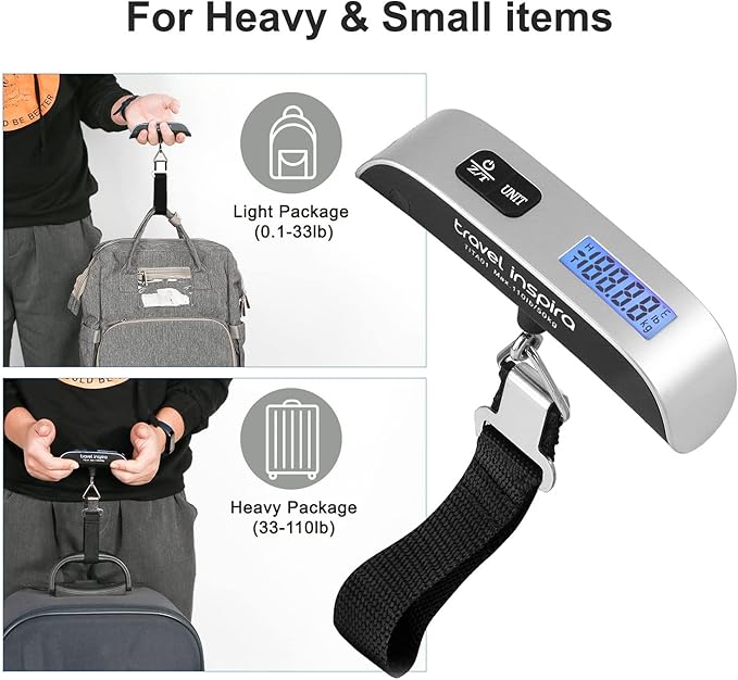 travel inspira Luggage Scale, Portable Digital Hanging Baggage Scale for Travel, Suitcase Weight Scale with Rubber Paint, 110 Pounds, Battery Included, Sliver, 2 Pcs