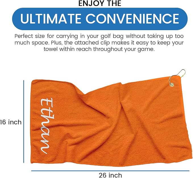 Personalized Passion Golf Towel with Embroidered Name - 16"x26" Custom Golf Towels with Clip - Soft & Highly Absorbent Plush Velour - Easily Wipes Away Sweat and Dirt - Gift for Golfers - Orange