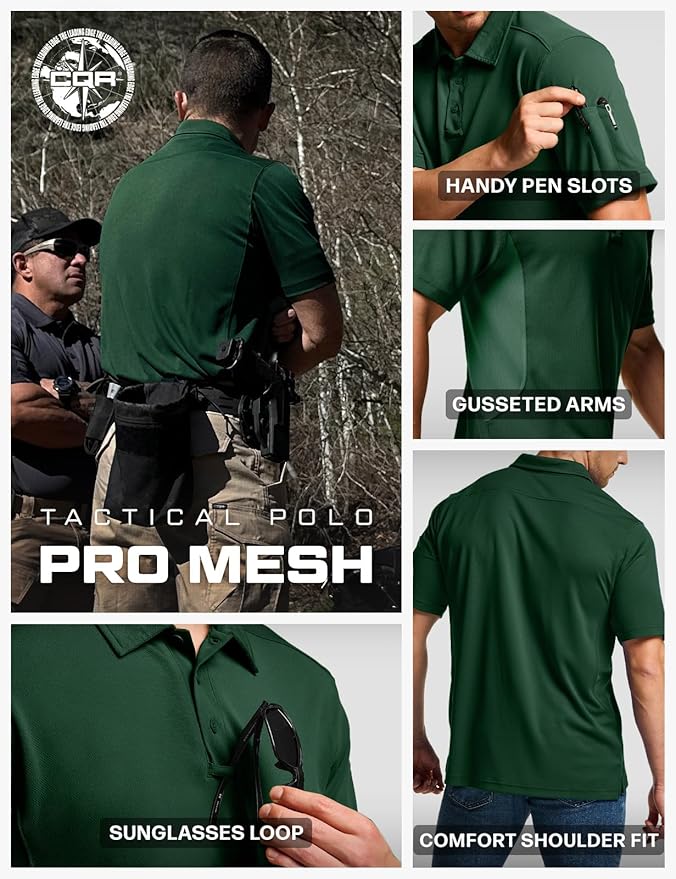 CQR Men's Polo Shirts, Tactical Short Sleeve Golf Performance Shirts, Lightweight Dry Fit UPF 50+ Pique