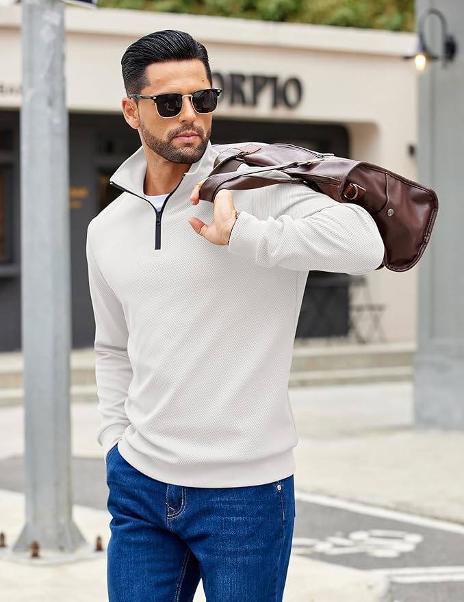 COOFANDY Mens Quarter Zip Pullover Sweatshirts Lightweight Long Sleeve Mock Neck Sweater Polo