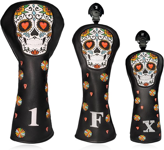 Colorful Skeleton Embroidery Club Covers Driver Headcovers Fairway Wood Cover Hybrid Head Cover Leather 3 Wood Headcover Golf Club Covers for Most Brand.