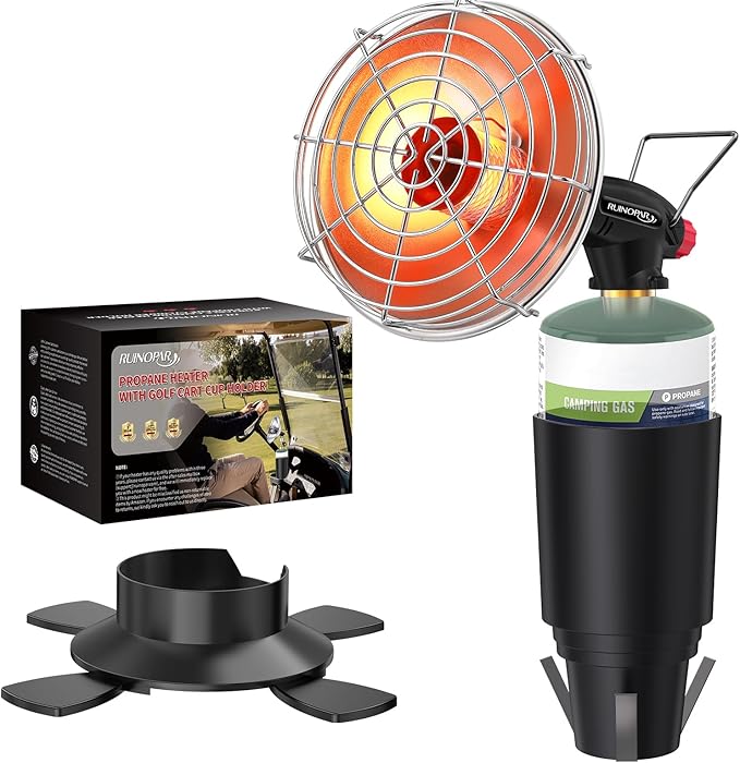 Golf Cart Heater,9,200BTU Portable Propane Camping Heater,2-in-1,with Cup Holder&Foldable Propane Cylinder Stand for EZGO Yamaha Club Car,Camping,Tents,Hunting,Ice Fishing(Fuel Cylinder not included)