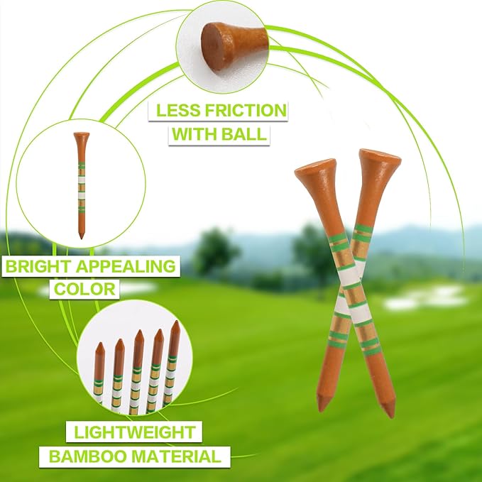 FINGER TEN Golf Tees Wood 3 1/4 2 3/4 Inch Value 50/120 Count, Durable Tees with Bright Colored Stripes for Consistent Height, 70mm 83mm Long Tees Ideal for Golfers