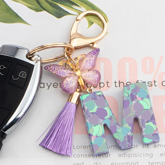 Suweibuke Colourful Cute Initial Letter Keychains for Women Girls with Tassel Butterfly, Charm for Purse Handbags Backpacks