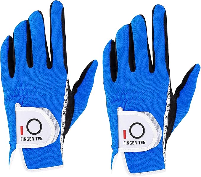 FINGER TEN Men's Golf Gloves for Right Left Handed Golfer Rain Grip Value 2 Pack, Golf Glove for Left or Right Hand Hot Wet Weather No Sweat Black Gray White Blue