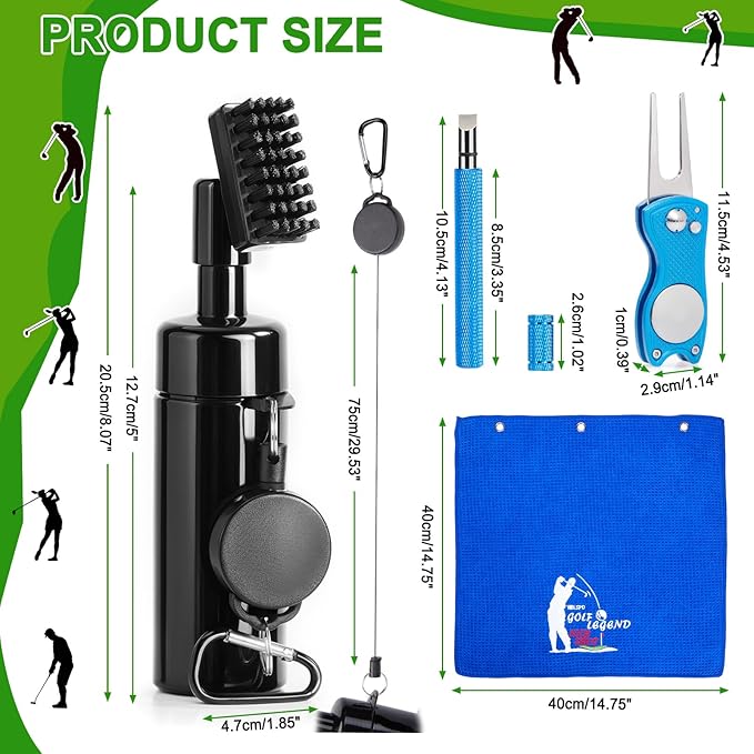welspo Golf Club Cleaner with Water-Retractable Clip Holds 5oz of Water, Golf Towel, Essentials Golf Accessories Kit with Golf Groove Sharpener Tool, Divot Repair Tool with Ball Marker for Men/Women