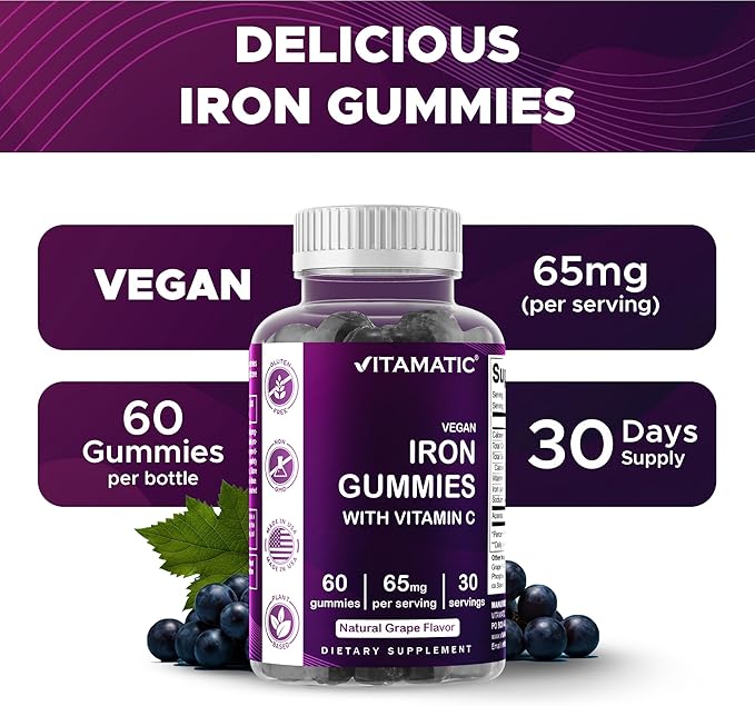 Vitamatic Iron 65 mg Gummies Supplement for Women & Men - 60 Vegan Gummies - Great Tasting Iron Gummy Vitamins with Vitamin C (6)