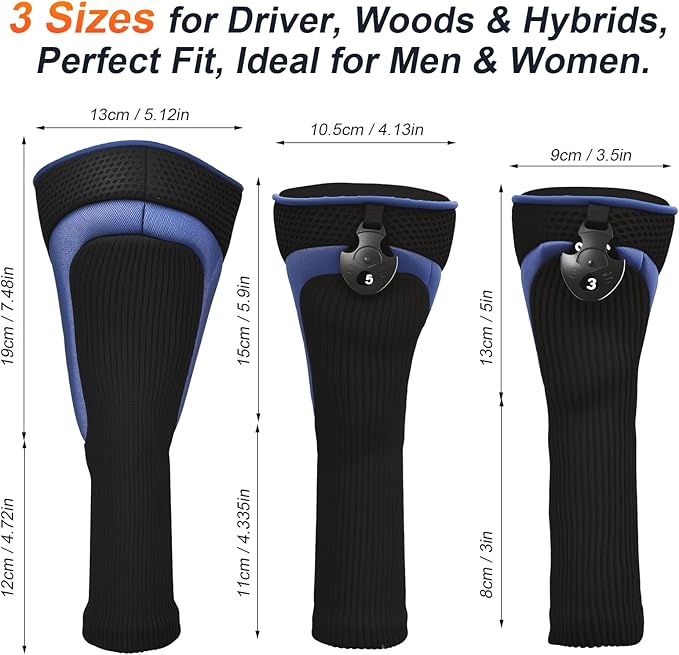 Golf Club Head Covers Set (3 Pieces) for Fairway Woods, Driver, and Hybrids - Long Neck Mesh Design with Interchangeable 3/4/5/6/7/X Number Tags - Golf Accessories for Men and Women (Black and Blue)