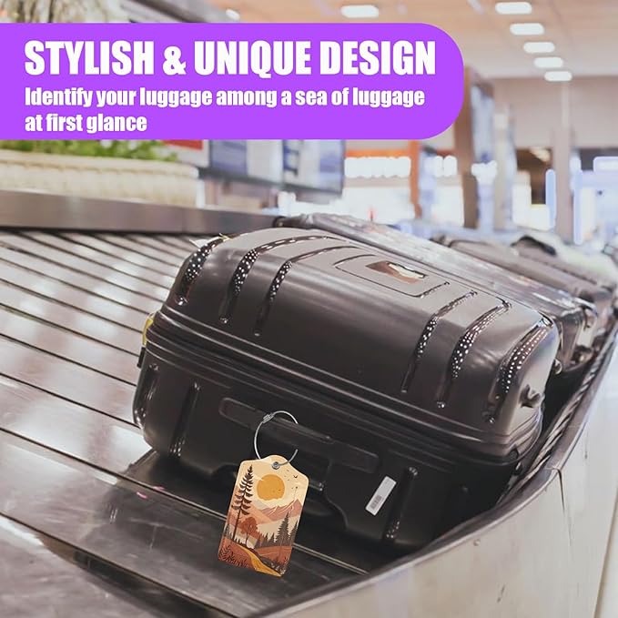 3 Pack Mountain Tree Luggage Tags for Suitcase Sunset Landscape PU Leather Travel Luggage Tag Privacy Cover ID Label for Women Men Baggage Backpack Handbag School Bag