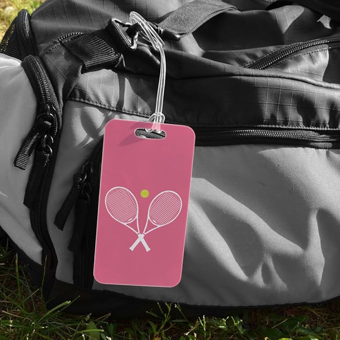 ChalkTalkSPORTS Tennis Luggage & Bag Tag | Crossed Tennis Rackets | Custom Info on Back | Large | Pink