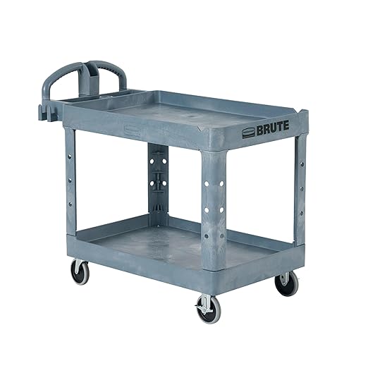 Rubbermaid Commercial Products BRUTE Heavy Duty 2-Shelf Utility/Service Cart, Large, Lipped Shelves, Ergonomic Handle, 750 lbs. Capacity, Black, for Warehouse/Garage/Cleaning/Maintenance/Stadiums