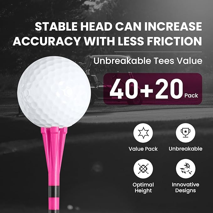 Golf Tees Plastic Unbreakable 60 Pack 2 3/4 or 3 1/4 Inch with 20 More Short Tees 1 1/2 Inch Red Green Pink