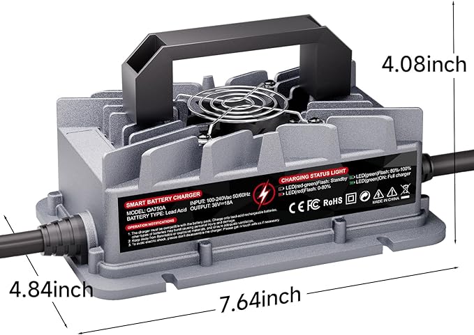 36 Volt Golf Cart Battery Charger for EZGO TXT Golf Carts, 36V 18A Golf Cart Charger with Upgraded Extended D Style Plug, 4-6H Full Charge Trickle Charge, Lead Acid Charger - IP67 Waterproof & Fan