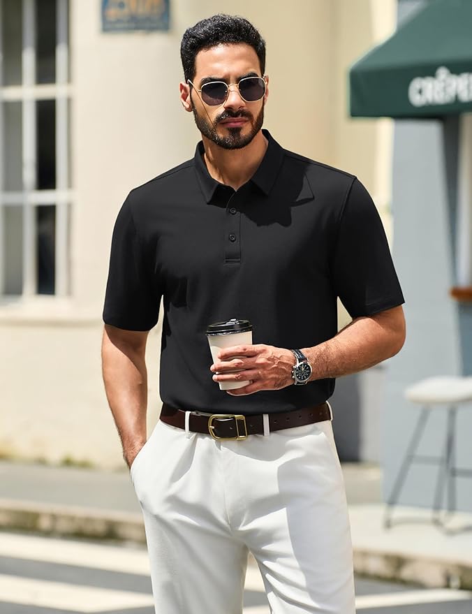 TACVASEN Mens Polo Shirts Short Sleeve Pique 3 Buttons Golf Polo Cooling Performance Moisture Wicking Shirt
