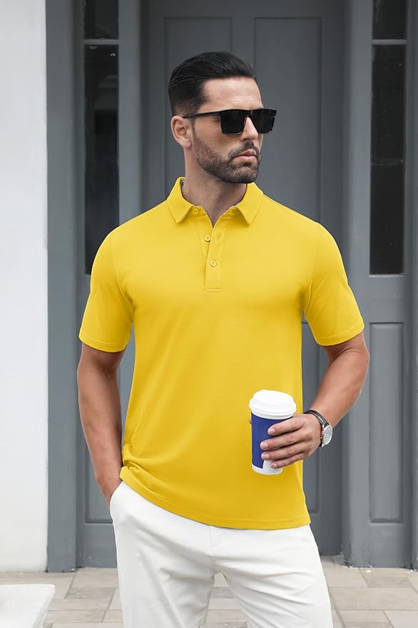 MAGCOMSEN Men's Polo Shirts Short Sleeve Cotton Pique 3 Button Classic Fit Casual T-Shirt Performance Golf Shirts