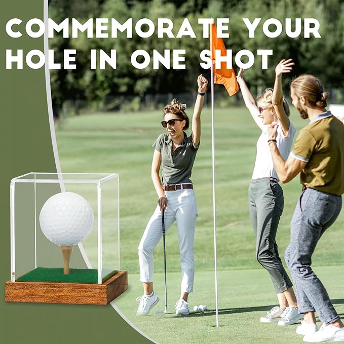 JupDec Golf Ball Display Case Clear Acrylic Memorabilia Stand Cube Holder with Wood Base & Tee, Dust Protection Transparent Storage Box for Single Ball Souvenir Golfball Collections, Brown, 2 Pack