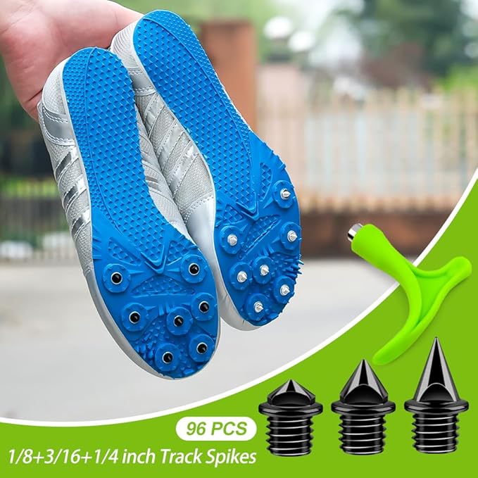 96PCS Alloy Steel Track Spikes, 32pcs 1/8in + 32pcs 3/16in + 32pcs 1/4in Track and Cross Country Spikes Golf Shoe Spike with Spike Wrench, Replacement for Sprint Sports Short Running