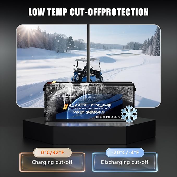 36V 105Ah LiFePO4 battery, built-in Bluetooth 200A BMS and LCD display, IP65 waterproof and dustproof, with 43.8V 25A lithium battery charger, peak current 1000A, perfect for golf carts