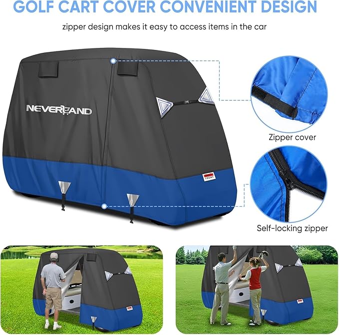 NEVERLAND Golf Cart Cover 2 Passenger, Heavy Duty 600D Golf Cart Covers, Waterproof Club Car Golf Cart Cover with Side Zipper Doors Compatible with EZGO Yamaha Club Car 2 Seat (Up to 95 Inch)