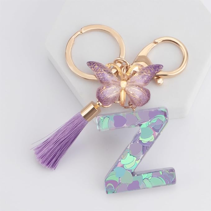 Suweibuke Colourful Cute Initial Letter Keychains for Women Girls with Tassel Butterfly, Charm for Purse Handbags Backpacks