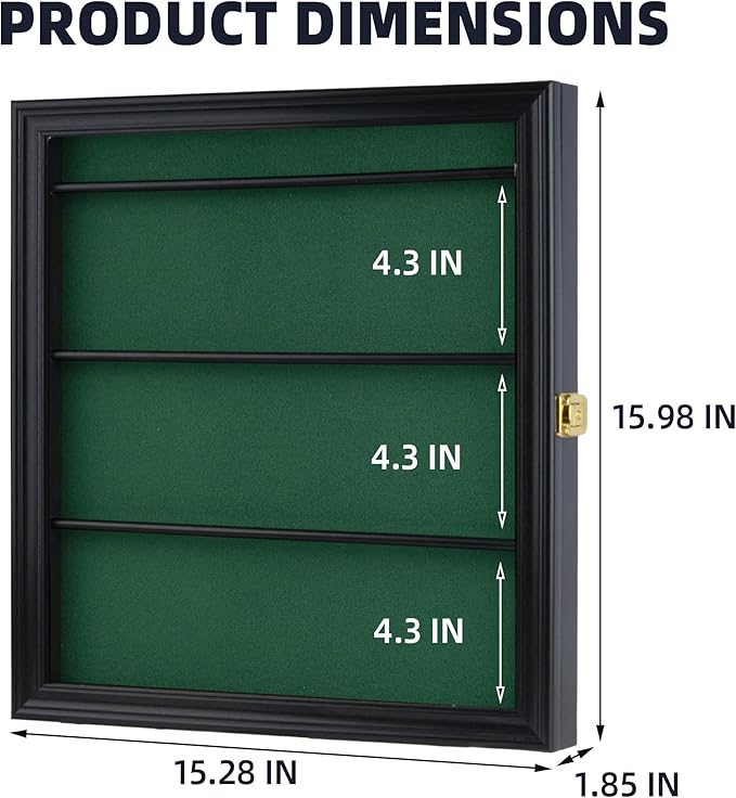 DisplayGifts Golf Bag Tag Display Case, UV-Protected Acrylic Wall-Mount Shadow Box with Green Felt Backing, Collector Cabinet for Personalized Golf Club Tags, 16 x 15.3 x 1.85 Inches, Black Finish