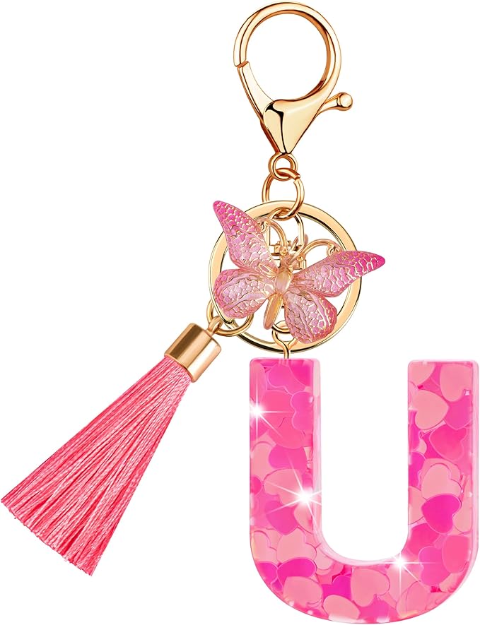 Suweibuke Colourful Cute Initial Letter Keychains for Women Girls with Tassel Butterfly, Charm for Purse Handbags Backpacks