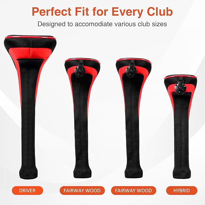 Golf Head Covers, 4pcs Golf Club Covers for Driver Fairway and Hybrid, Nylon Golf Club Head Covers for Men Women with Interchangeable Tags