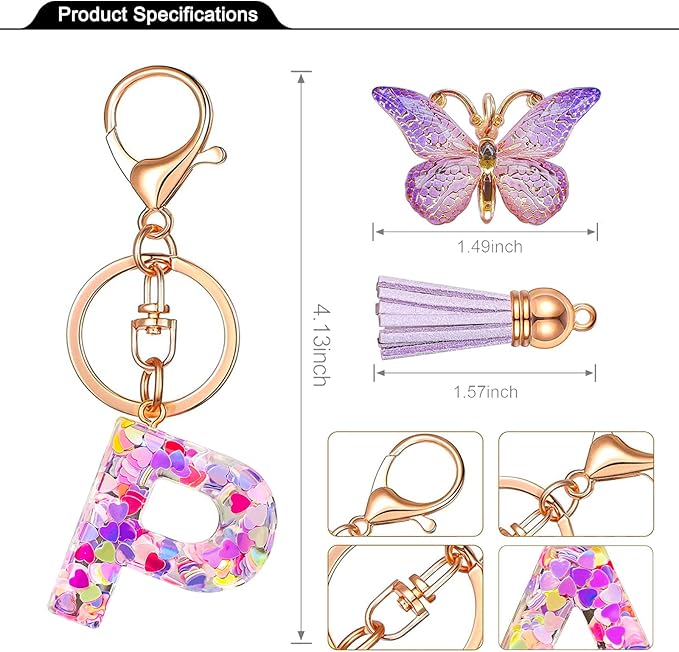 JINGUAZI Initial letter Keychains for Women Tassel Butterfly Pink Purple Cute Car Keychain for Wallet Backpack bag charm