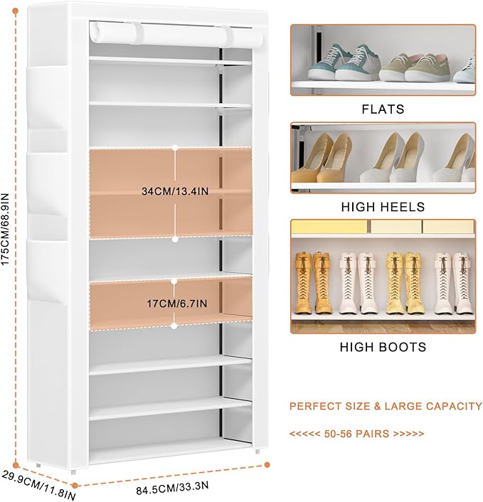 OYREL Shoe Rack 10Tier Large Capacity 50-56Pairs Beautiful Tall Shoe Shelf Free Standing Storage Cabinet Entryway Closet