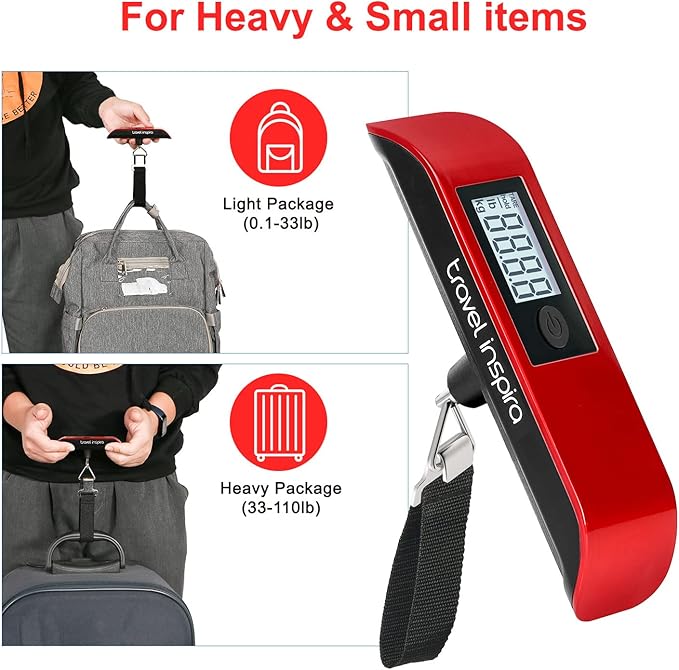 travel inspira Luggage Scale, Portable Digital Hanging Baggage Scale for Travel, Suitcase Weight Scale with Rubber Paint, 110 Pounds, Battery Included
