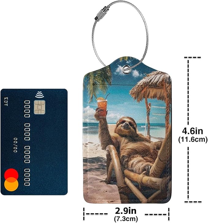 TSA Approved Luggage Tags for Suitcases Sloth Relaxing Beach 2 Pack Funny Leather Carnival Cruise Airport Cute Travel Name Tags Golf Bag tag Ships Essentials Privacy Cover ID Label for Women Men