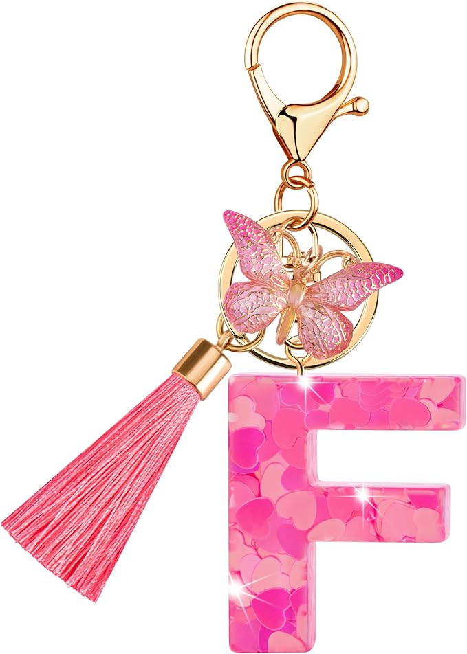 Suweibuke Colourful Cute Initial Letter Keychains for Women Girls with Tassel Butterfly, Charm for Purse Handbags Backpacks
